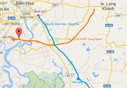 Hướng tuyến đường cao tốc Biên Hòa - Vũng Tàu (màu xanh). Ảnh: Google maps.