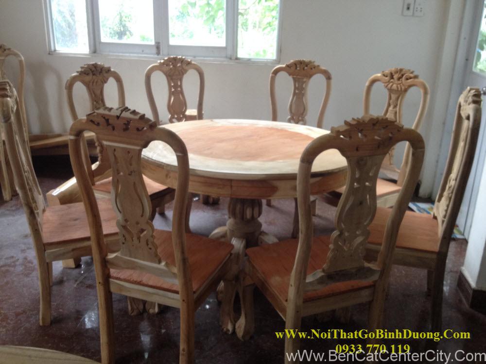 bàn ăn tròn gỗ tràm mặt xoan đào 8 ghế