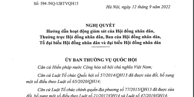 Nghị quyết số 594/NQ-UBTVQH15 của ỦY BAN THƯỜNG VỤ QUỐC HỘI: Hướng dẫn hoạt động giám sát của Hội đồng nhân dân, Thường trực Hội đồng nhân dân, Ban của Hội đồng nhân dân, Tổ đại biểu Hội đồng nhân dân và đại biểu Hội đồng nhân dân